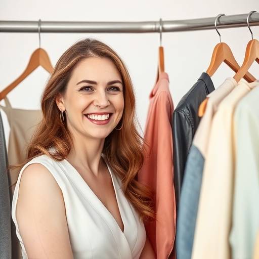 Mulher sorrindo enquanto consultora de imagem analisa suas roupas